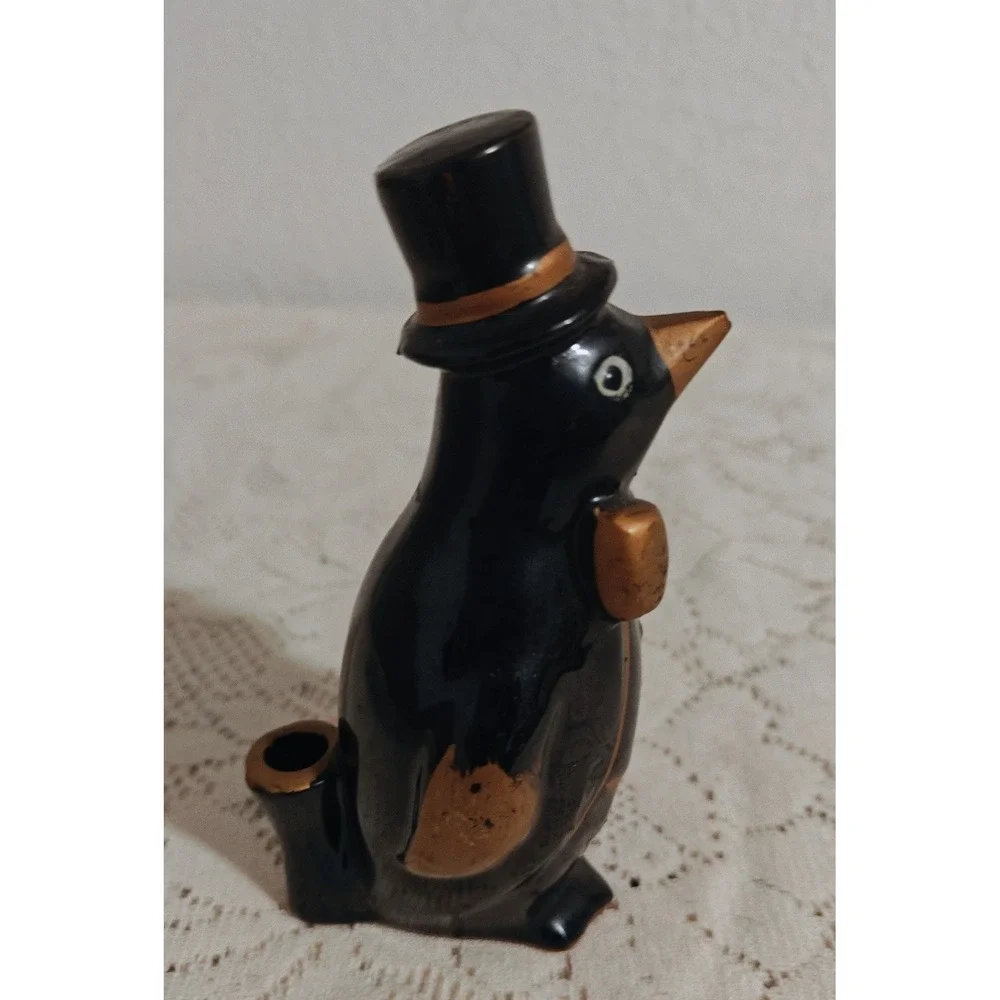 1950s Japan Redware PENGUIN IN TOP HAT PEN/PENCIL HOLDER (Black & Gold)